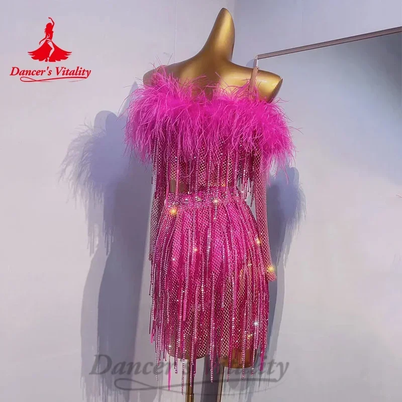 Latin Dance Tassel Dress Senior  AB Stones Performance Costumes Customized Adult Children Tango Chacha Rumba Competition Dresses