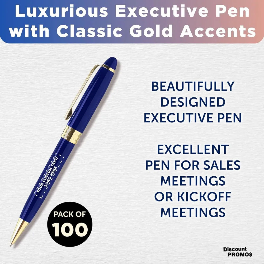 مجموعة أقلام الترا التنفيذية مكونة من 100 قطعة - قابلة للتخصيص مع النص أو الشعار، وحامل ملتوي، وحواف ذهبية، وحبر أزرق - كتابة عالية الجودة