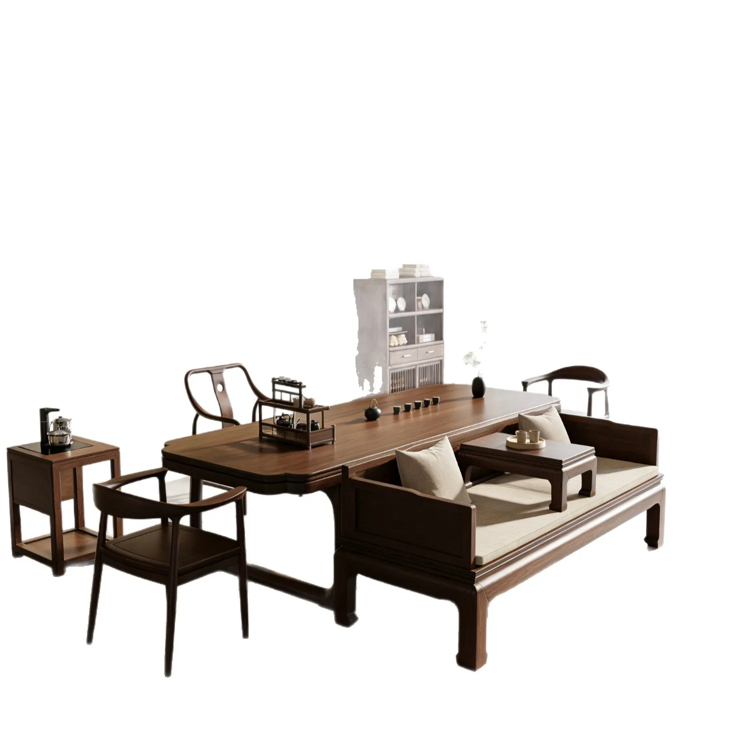 YJQ New Chinese Style Solid Wood Tea Table and Chair Set, Black Walnut Tea Table Sofa, Zen-style Tea Room Furniture