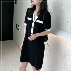 Xiaoxiangfeng Summer Women's 2024 New Spliced V-neck Button Fashion Solid Color Minimalist Fashion Short Sleeve Knitted Dresses