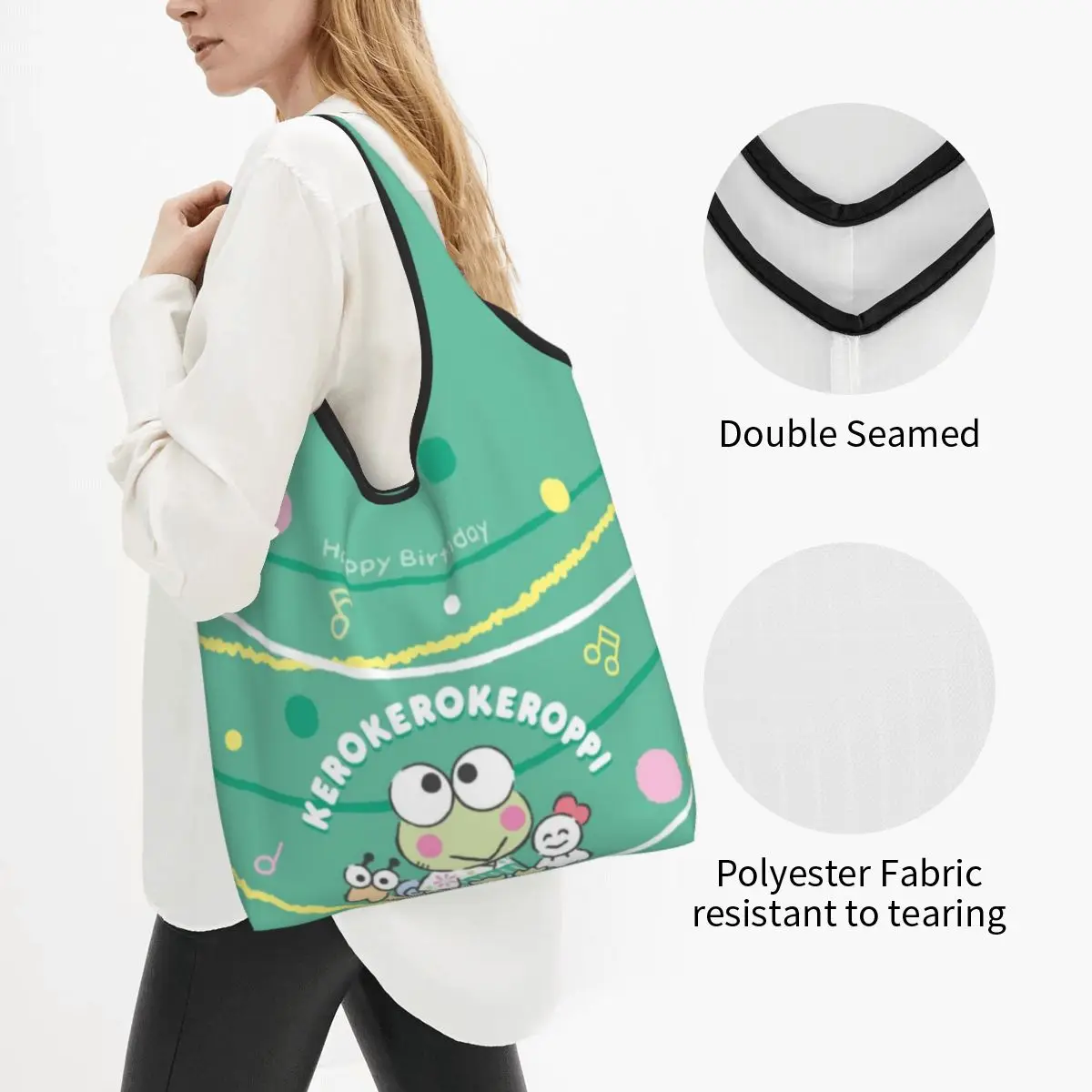 Keroppi-Sac fourre-tout d'épicerie personnalisé pour femme, sac à provisions initié par le dessin animé Kawaii, sacs à main de grande capacité