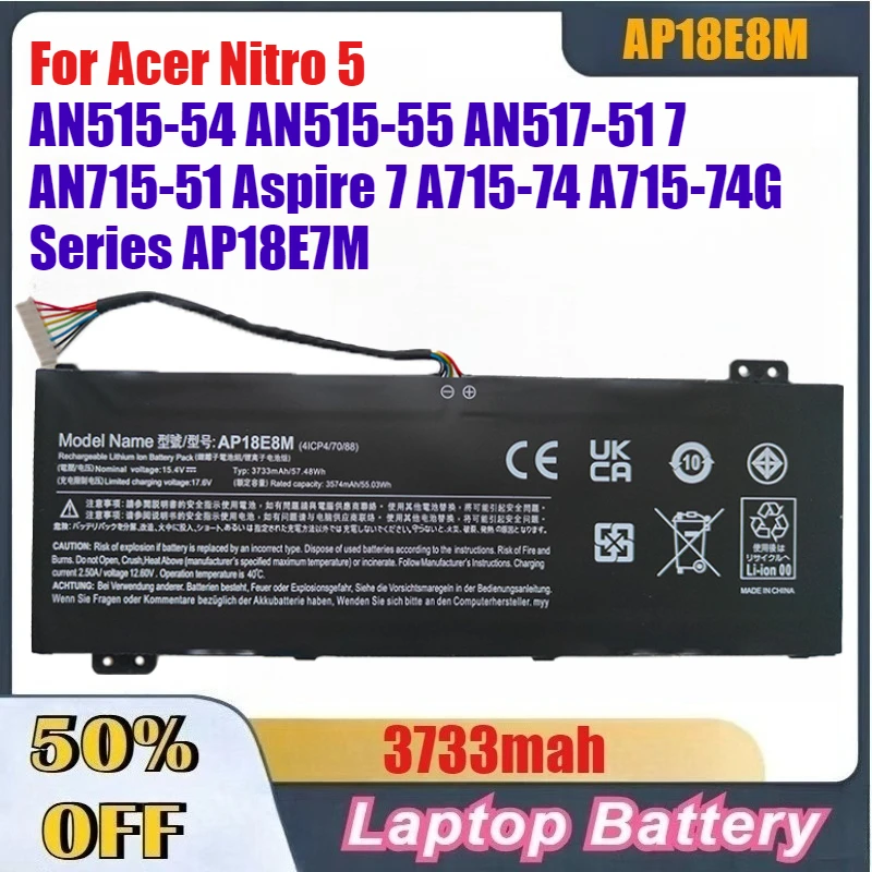 3733mAh AP18E8M Laptop Battery for Acer Nitro 5 AN515-54 AN515-55 AN517-51 7 AN715-51 Aspire 7 A715-74 A715-74G Series AP18E7M