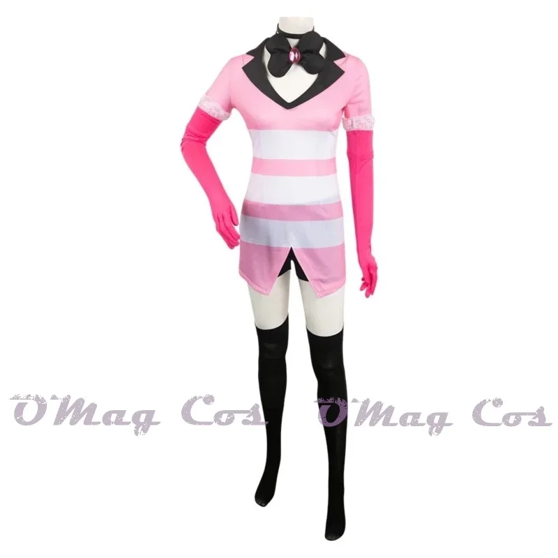 Angel Dust Cosplay Fantasy Anime Cartoon Hotel Vermomming Kostuum Handschoenen Strikje Roze Jurk Outfit Vrouwen Halloween Rollenspel Doek