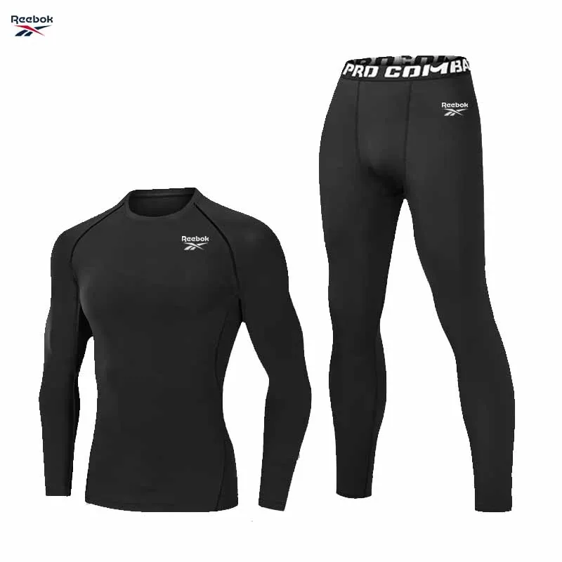Camiseta deportiva con logo de Reebok, nuevo estilo, para hombre, conjunto de compresión para fitness, conjunto ajustado para entrenamiento deportivo y fitness, conjunto para correr