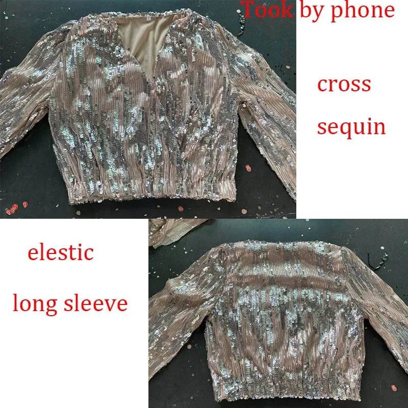 Sequin Women Blouse Shirt V-Neck Lantern Long Sleeve Fashion Woman Blouses 2023 Elegant Spring Ladies Top Female Luxury Designer