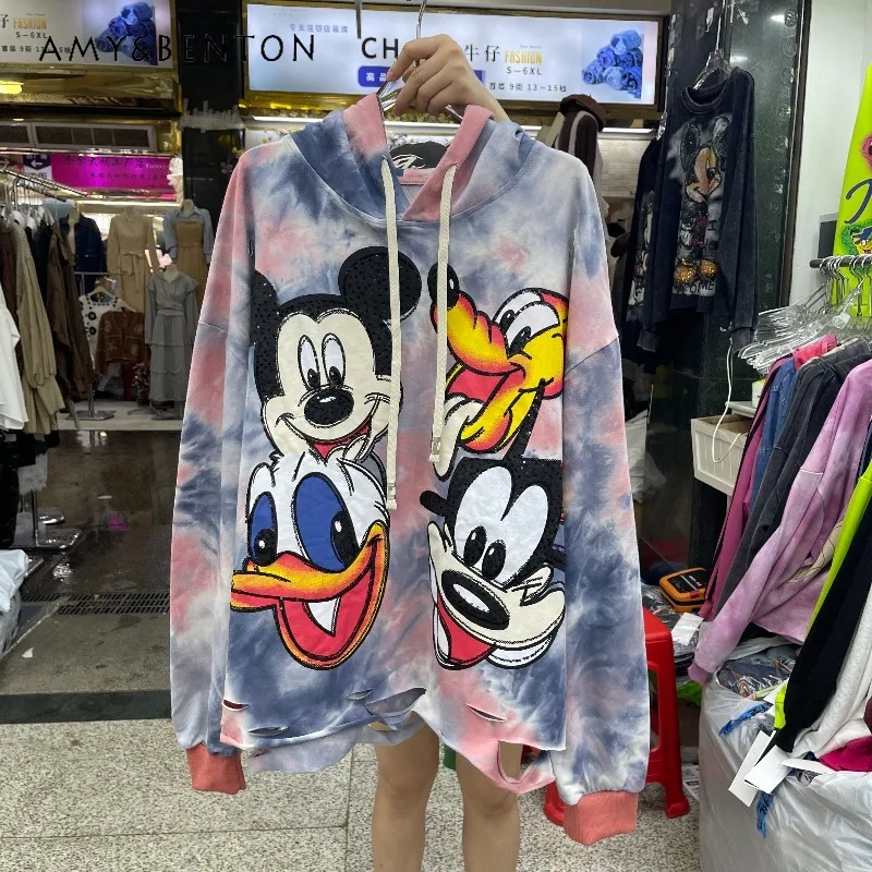 American Retro Style Full Diamond Cartoon Distressed Loose Hooded Sweatshirt Women's Popular Pullover Long Sleeved Casual Hoodie