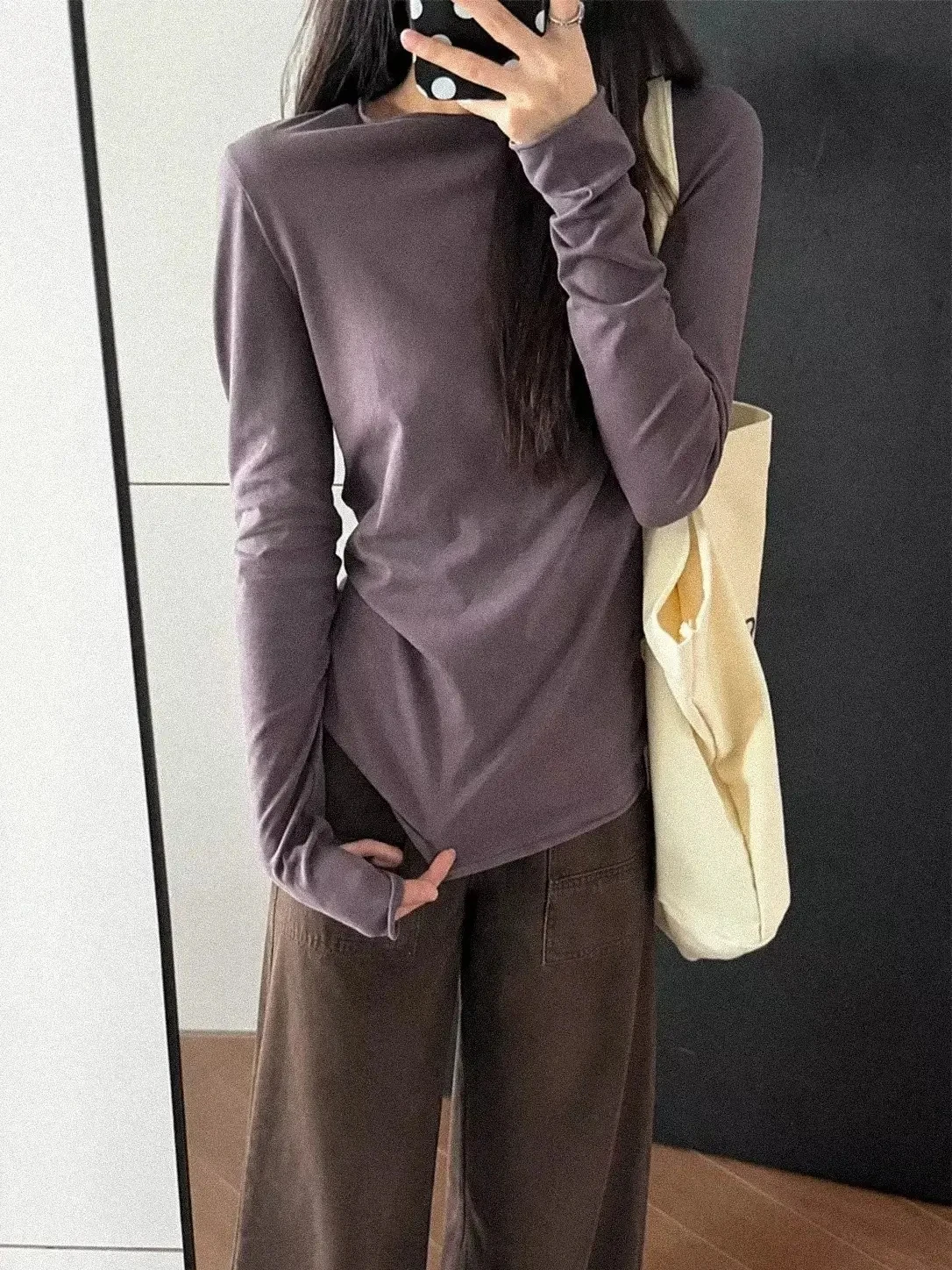 Slimming Grey Purple Casual Roll  Long Sleeve Base Shirt Inner Wear T-Shirt Cotton Polyester Fiber High Waist round Neck