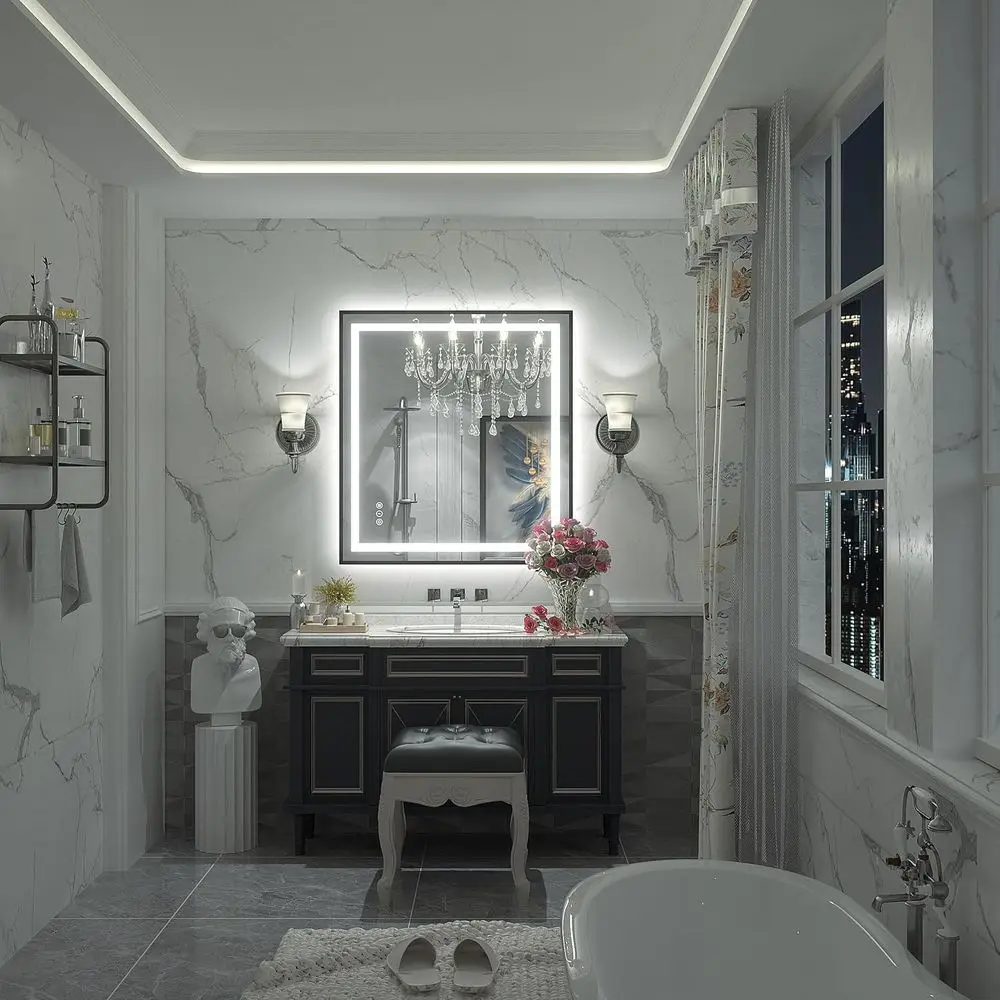 Miroir de courtoisie LED à intensité variable, 28 x 32 pouces, rétroéclairage et éclairé sur le devant, antibuée, incassable, fonction mémoire, certifiant ETL