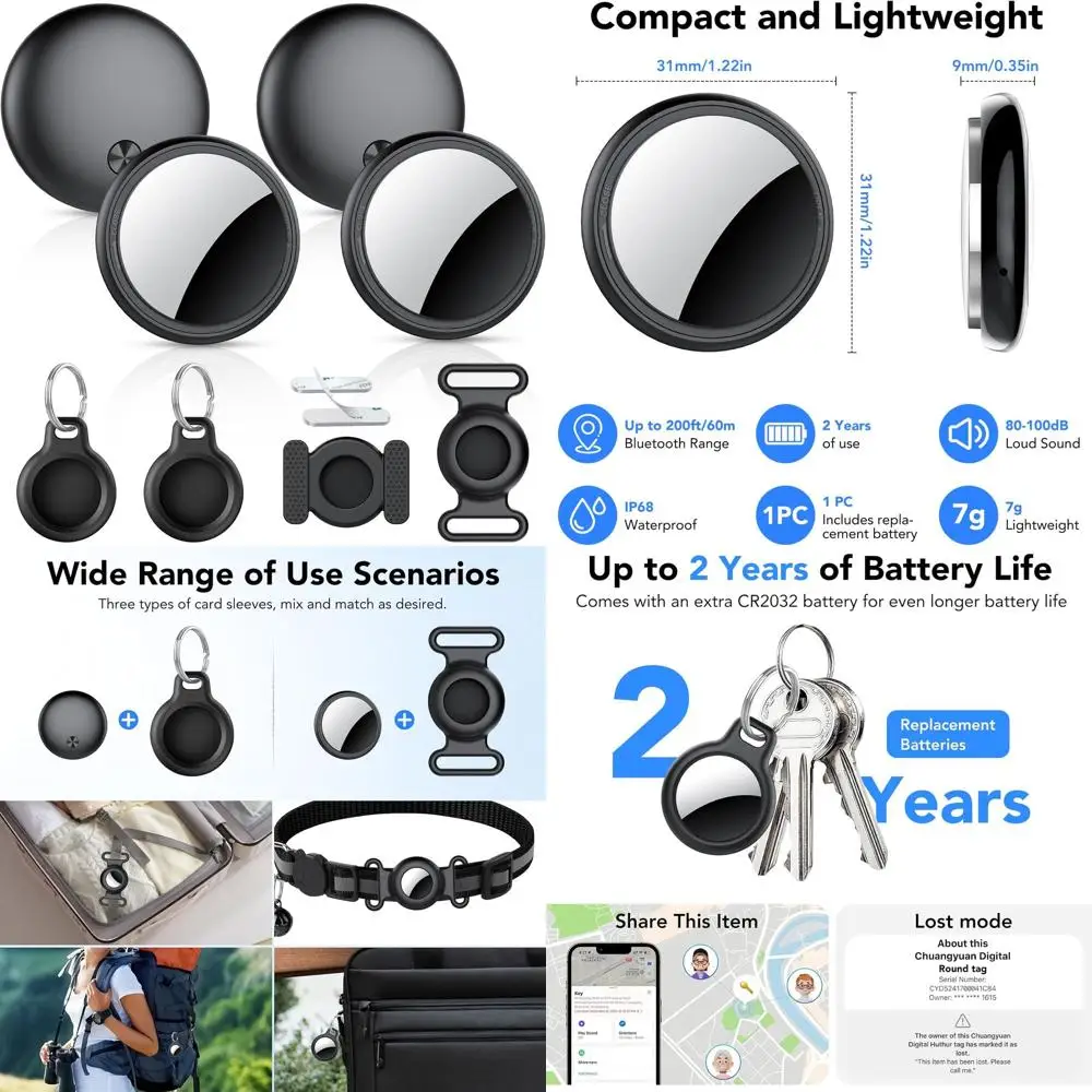 

4-Pack Bluetooth Trackers, 2025 Edition, Compatible with Find My (iOS), 2-Year Battery Life, Versatile Holders for Items, Keys,