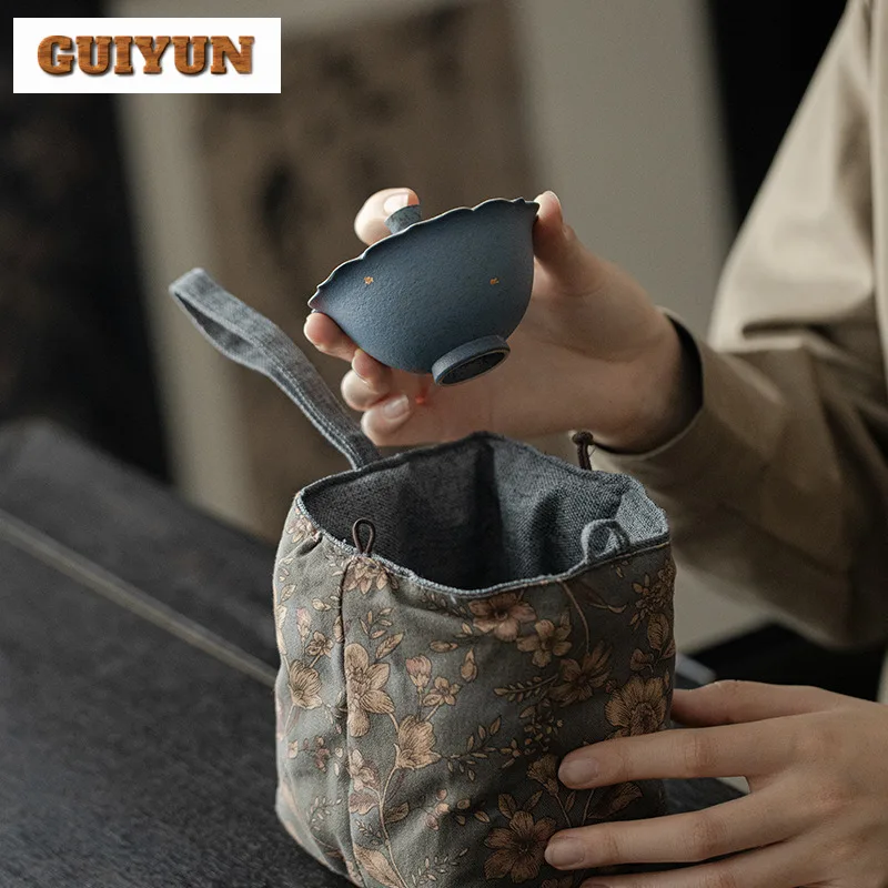 Indigo Hand Drawn Daisy Travel Tea Set Kit Handmade 1 Pot 2 Cups Tea Maker Organizer Portable Outdoor Tote Bag Accessories Gift