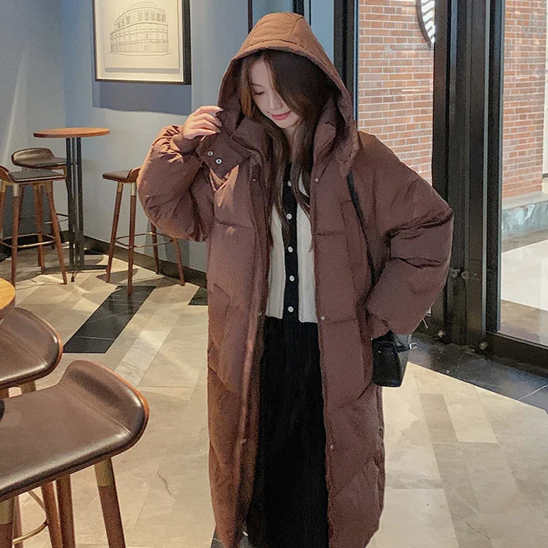 EVNISI Autumn Winter Women Zipper Button Pocket Casual Down Coat Thicken Warm Hooded Long Coat Office Coat Long Sleeve Parkas