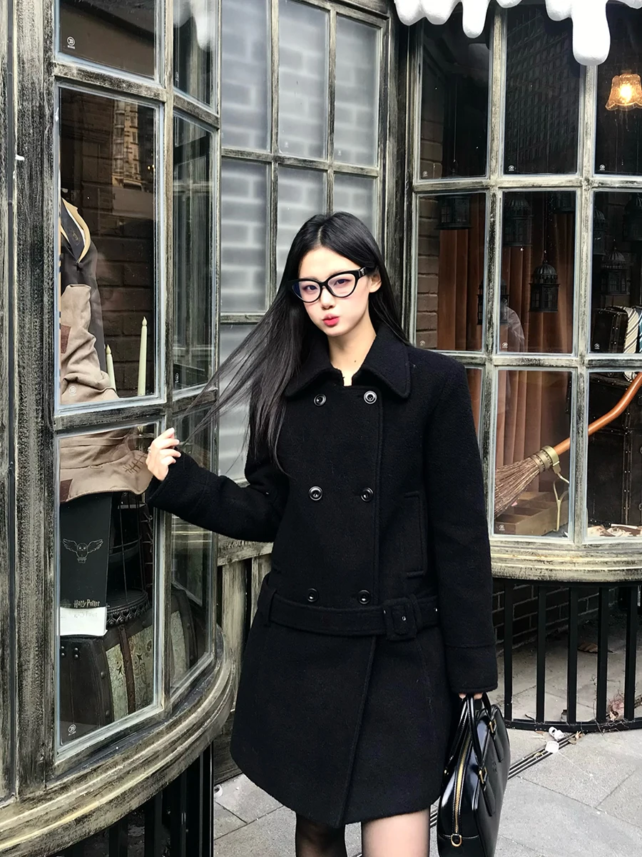 

Women's Winter ort Woolen Coat Waist-Cinching Notched Collar Button-Up Jaet Straight-Body Commute Thi Long Sve Top