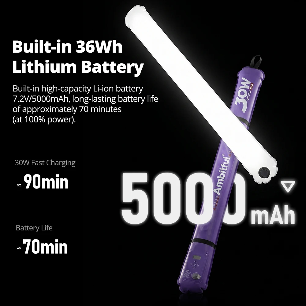AMBITFUL IP6X Waterproof 30W Magnetic Back RGB Full Color Inflatable Air Tube Light Built-in Li-ion 16FX Effects LED Light