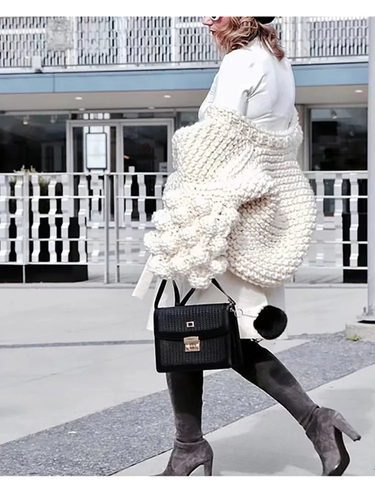 Autumn and Winter European and American Style Pure Handmade Woven Ball Lantern Sleeve Sweater Cardigan Jacket Coat for Women
