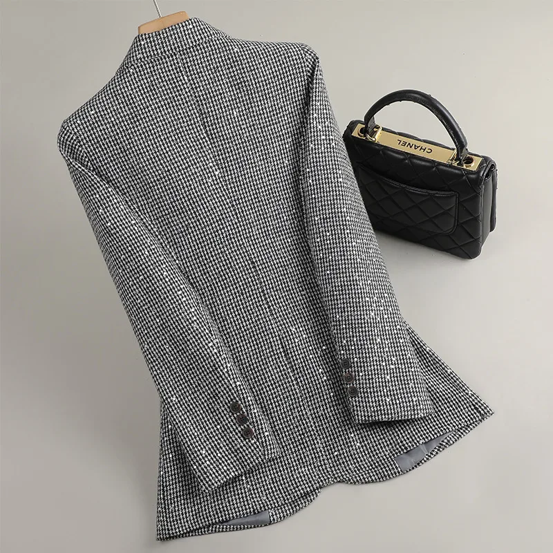 스팽글 하운드투스 블레이저 여성 봄 가을 숏 재킷 코트 여성 정장 2025 신상 체크무늬 스몰 슈트 여성 아우터 탑