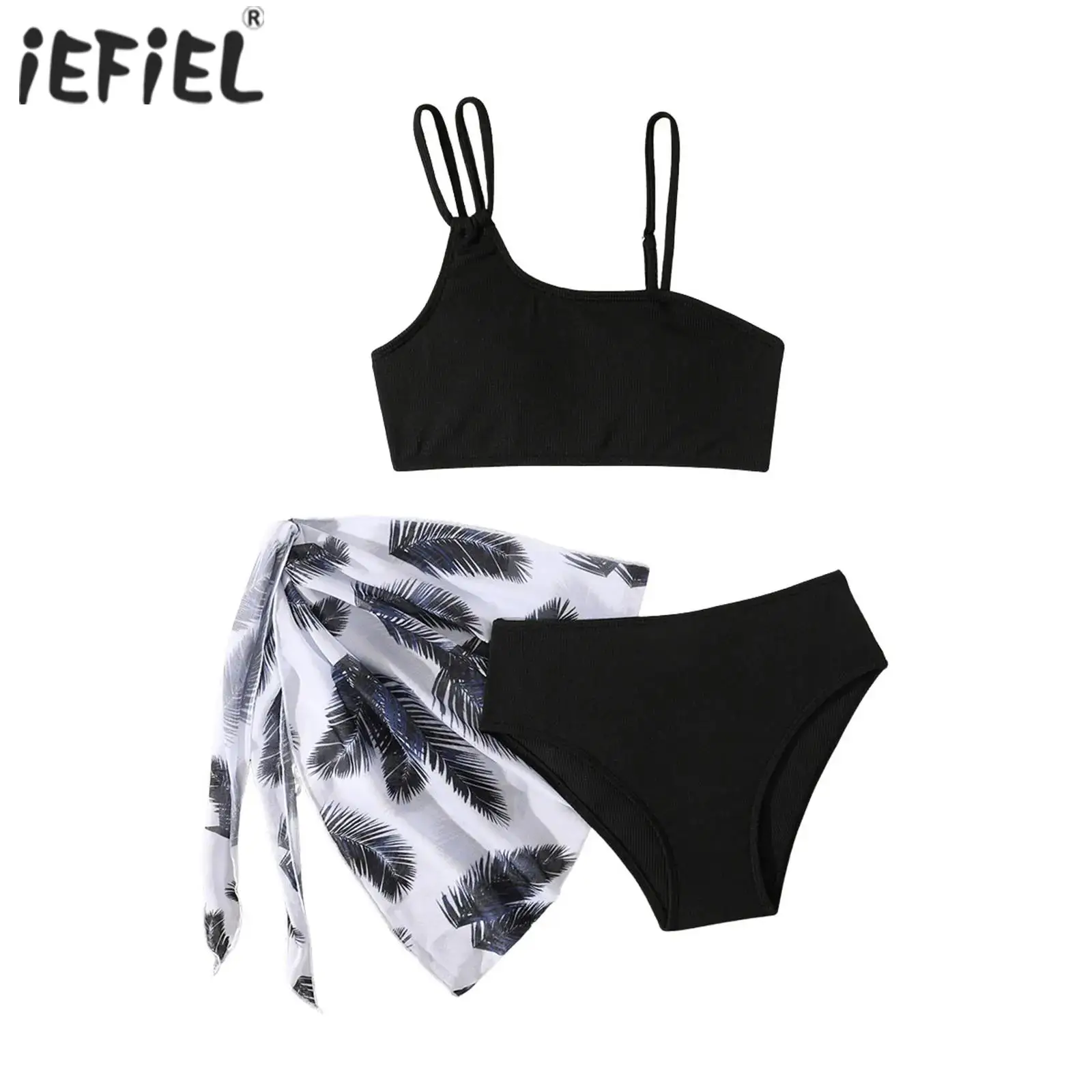 

Kids Girls Swimsuit 3 Piece Bathing Suits Bikini Set Adjustable Straps Top and Matched Briefs with Side Tie-Up Printed Cover Up