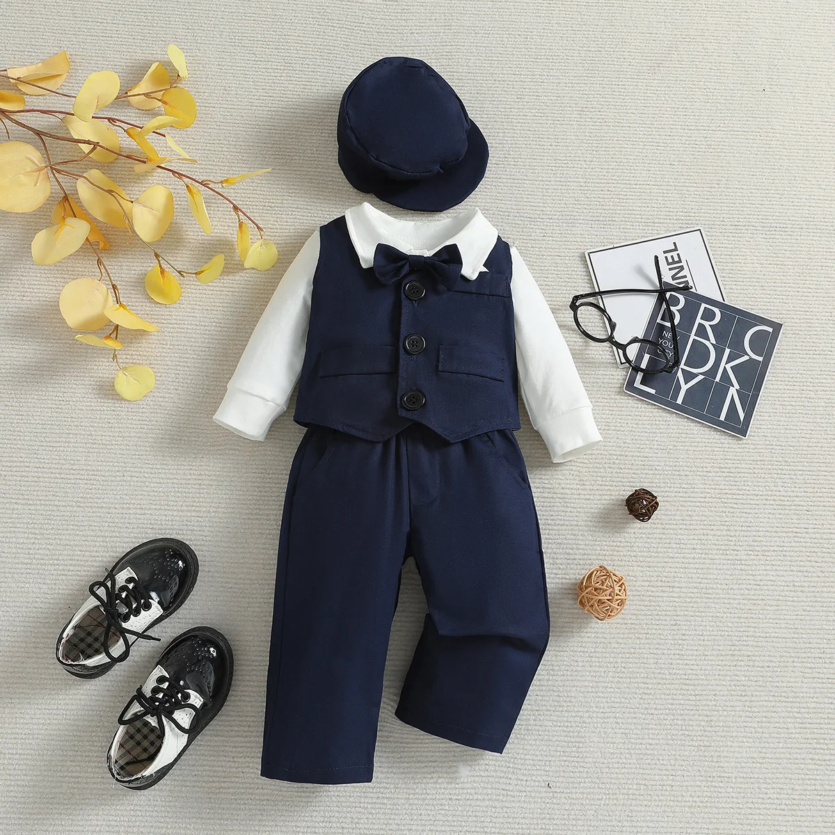 4Piece Spring Autumn Toddler Boy Clothing Korean Fashion Gentleman Tie Bodysuit+Vest+Pants+Hat Newborn Clothes Baby\'s Sets BC782