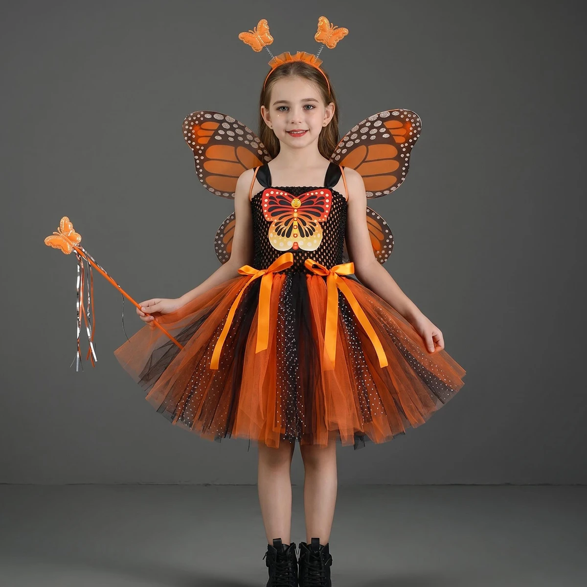 Monarch Butterfly Costume for Children Halloween Dress-Up Tutu Dress with Wings & Headband Kids Birthday Party Fairy Clothes