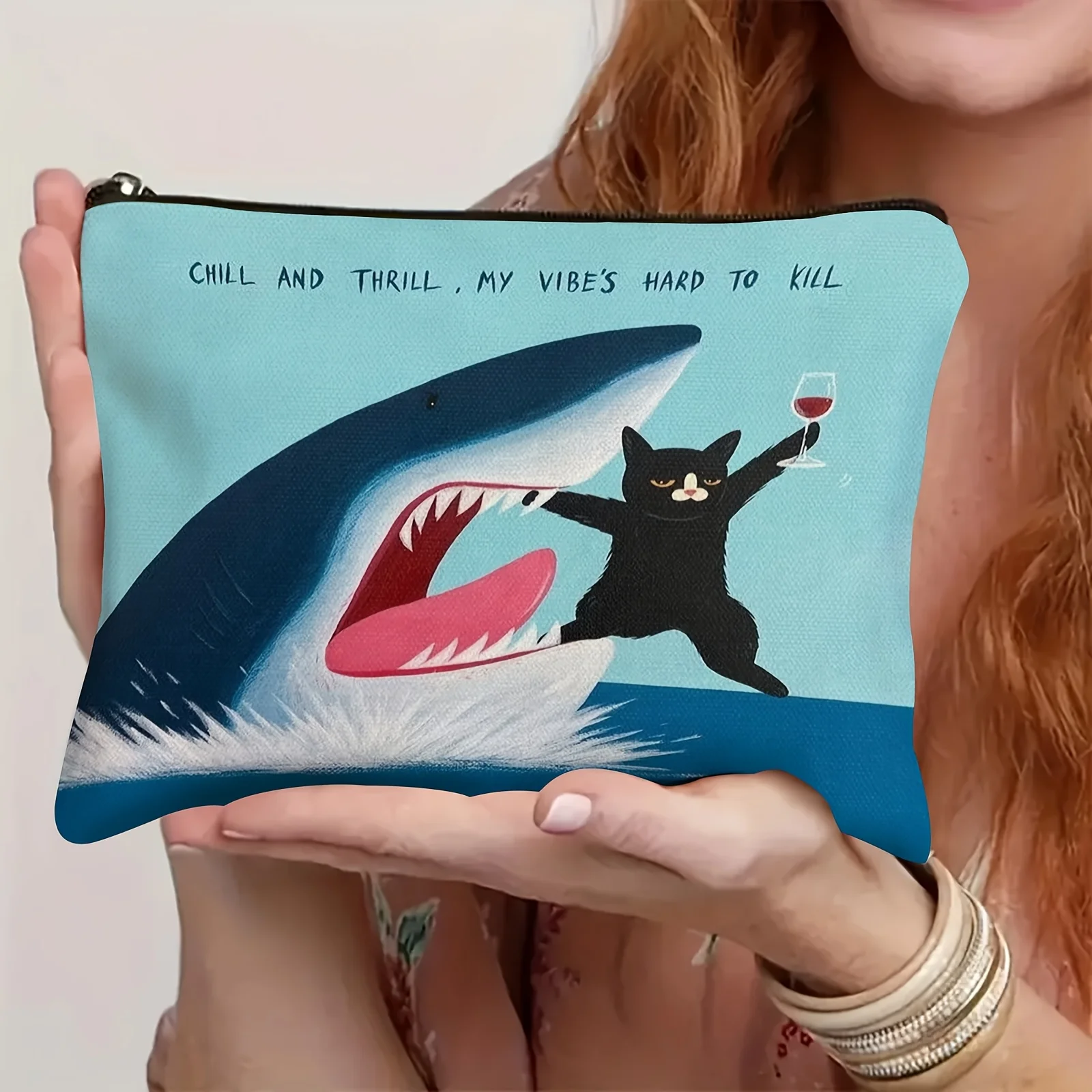 Exquisite Humorous Style Cosmetic Bag, Black Cat and Shark Humorous and Funny Theme Cosmetic Bag Coin Purse