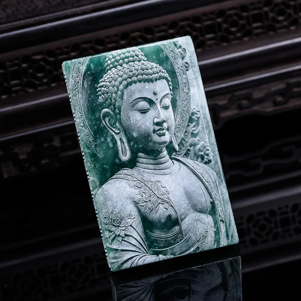 Natural A-grade Jadeite Buddha Blue Water Material Double sided Precision Shadow Carving Jade Pendant Jade safety necklace