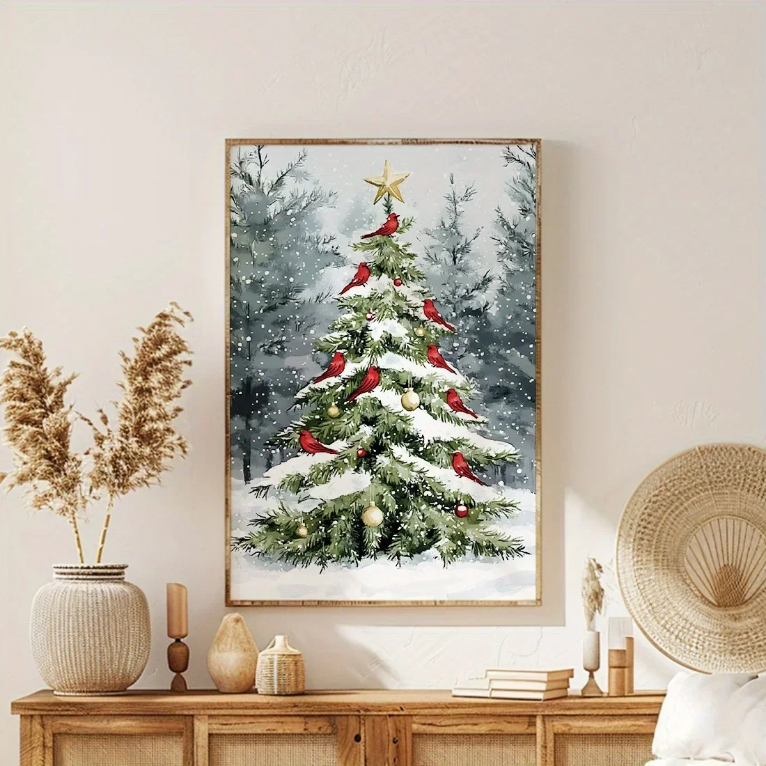 Kerstboom en kardinaal canvas kunstprint lichtbestendig woondecoratie geschikt voor woonkamer slaapkamer kantoor vakantiecadeau