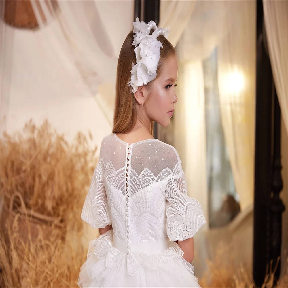 2024 New Luxury Flower Girl Dress Fluffy Lace Appliqué Long Train First Communion Birthday Prom Bridesmaid Princess Custom Prom