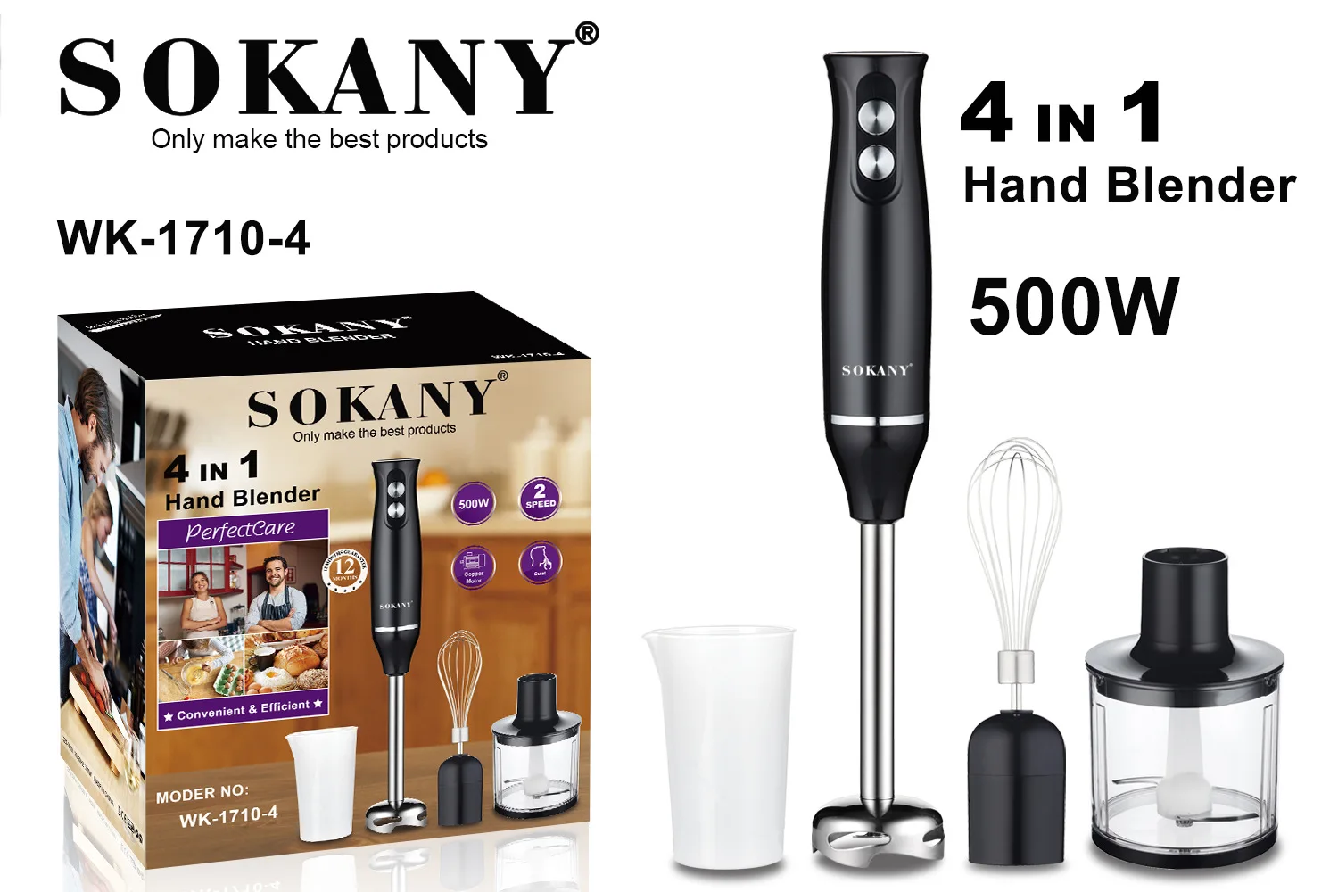 4IN1 Multifunctional Handheld Food Mixer 500W Electric Food Blender Stainless Steel Fast Stirring Meat Fruit Vegetable Processor