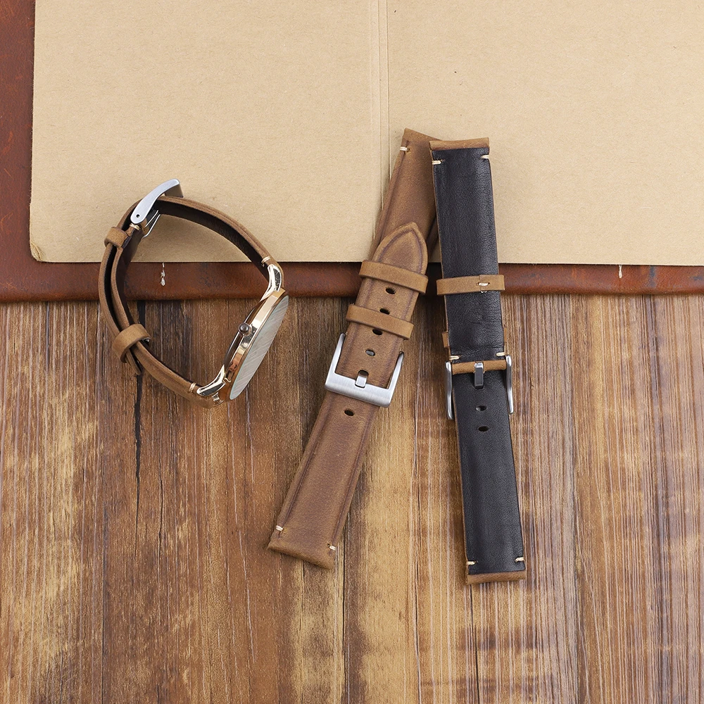 18mm 19mm 20mm 22mm 23mm 24mm Retro Watchbands Distressed Brown Male Strap Crazy Horse Leather Handmade Soft Leather Strap