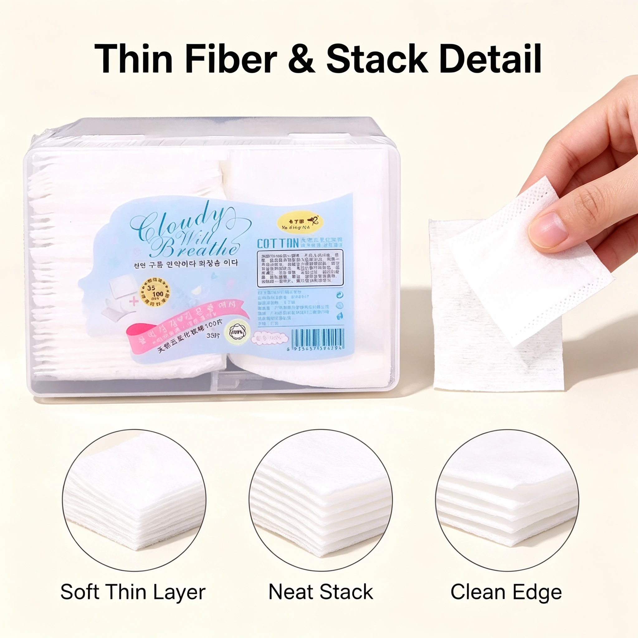 Dual-purpose cotton pads: 100 thin sheets + 35 hand-insert wet compress and makeup remover multi-use pads