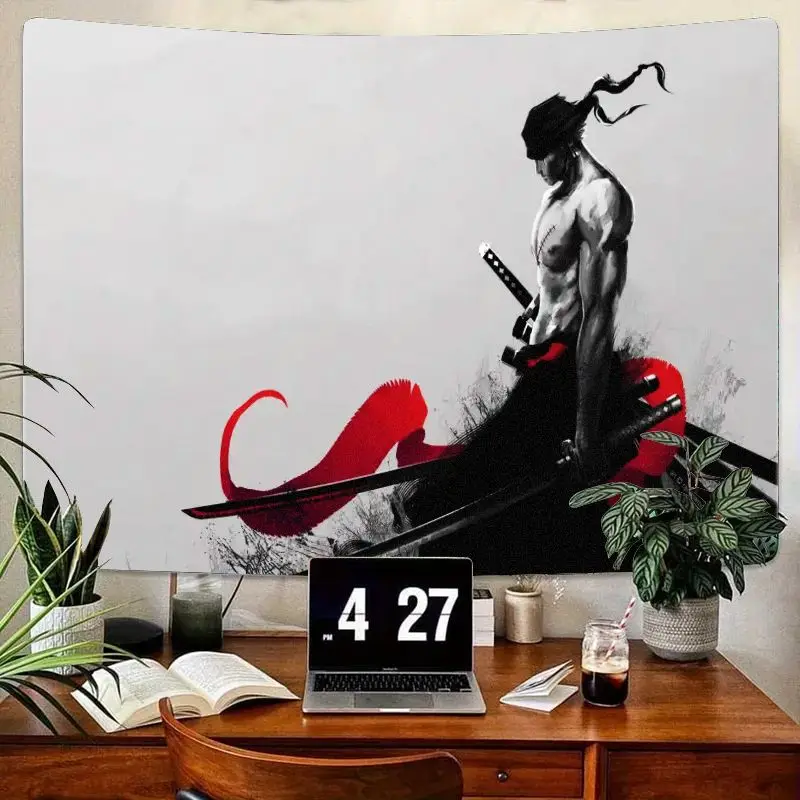 

1 шт., черно-белый мускулистый самурайский гобелен с длинными волосами, красным поясом, стилизованная иллюстрация с несколькими мечами, традиционная японская