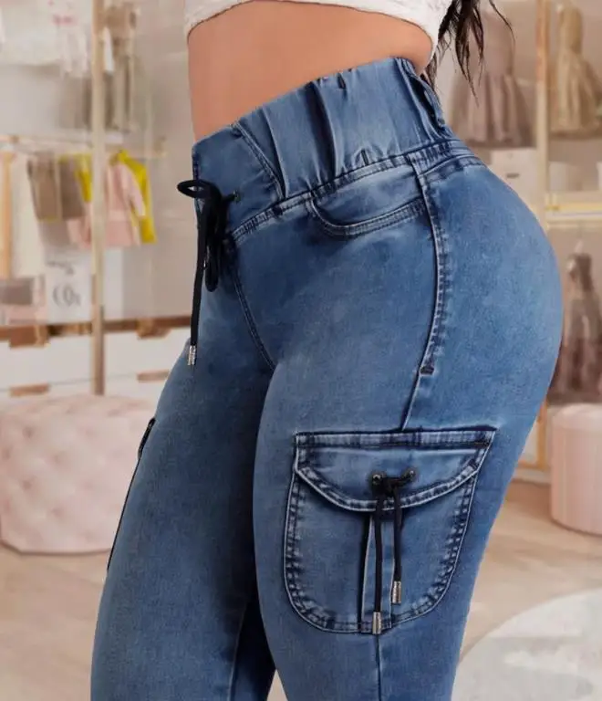 Women's Casual Stylish High Waist Capri Pants Denim Fabric with Cargo Pockets and Drawstring Design Pants