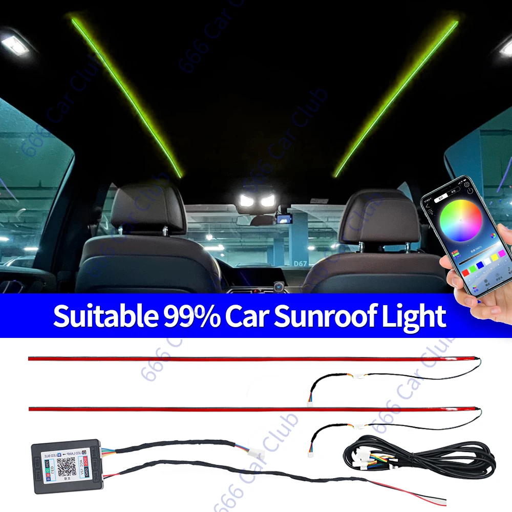 App Control LED Skylight para o telhado do carro, luz ambiente, lâmpada atmosférica, luz do teto solar, Toyota, Honda, Tesla, Audi, Benz, BMW, 256 cores