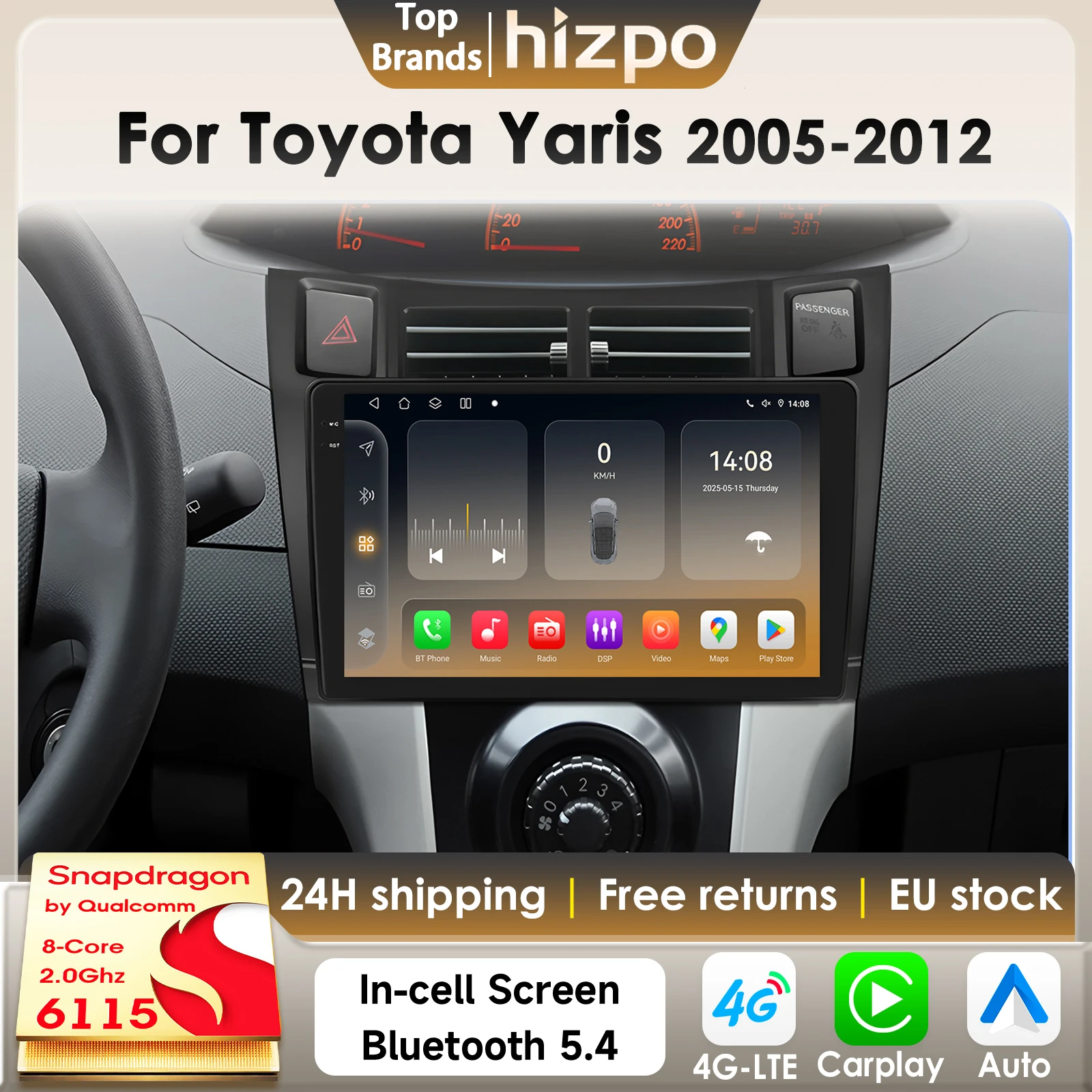 Hizpo 360Camera 2Din Lettore Multimediale per Auto per Toyota Yaris 2005-2012 GPS 4G Carplay Autoradio Intelligente AI con Snapdragon 6115