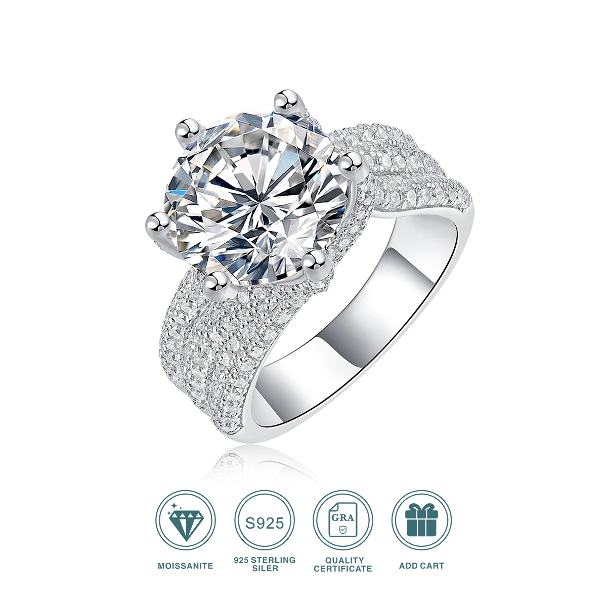 Anel de noivado de moissanite 5CT S925 prata com pedras redondas de corte brilhante e configuração de garra - joias de casamento ou proposta de luxo