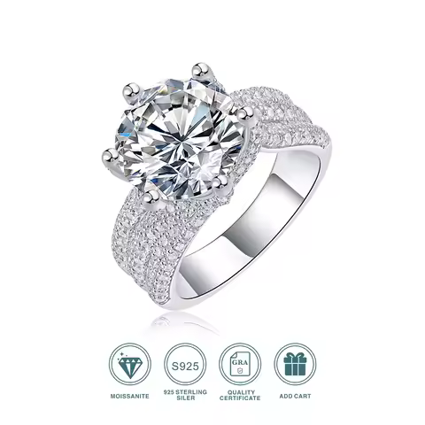 5CT Moissanite Engagement Ring S925 Silver with Round Brilliant Cut Stones and Claw Setting - Luxury Wedding or Proposal Jewelry