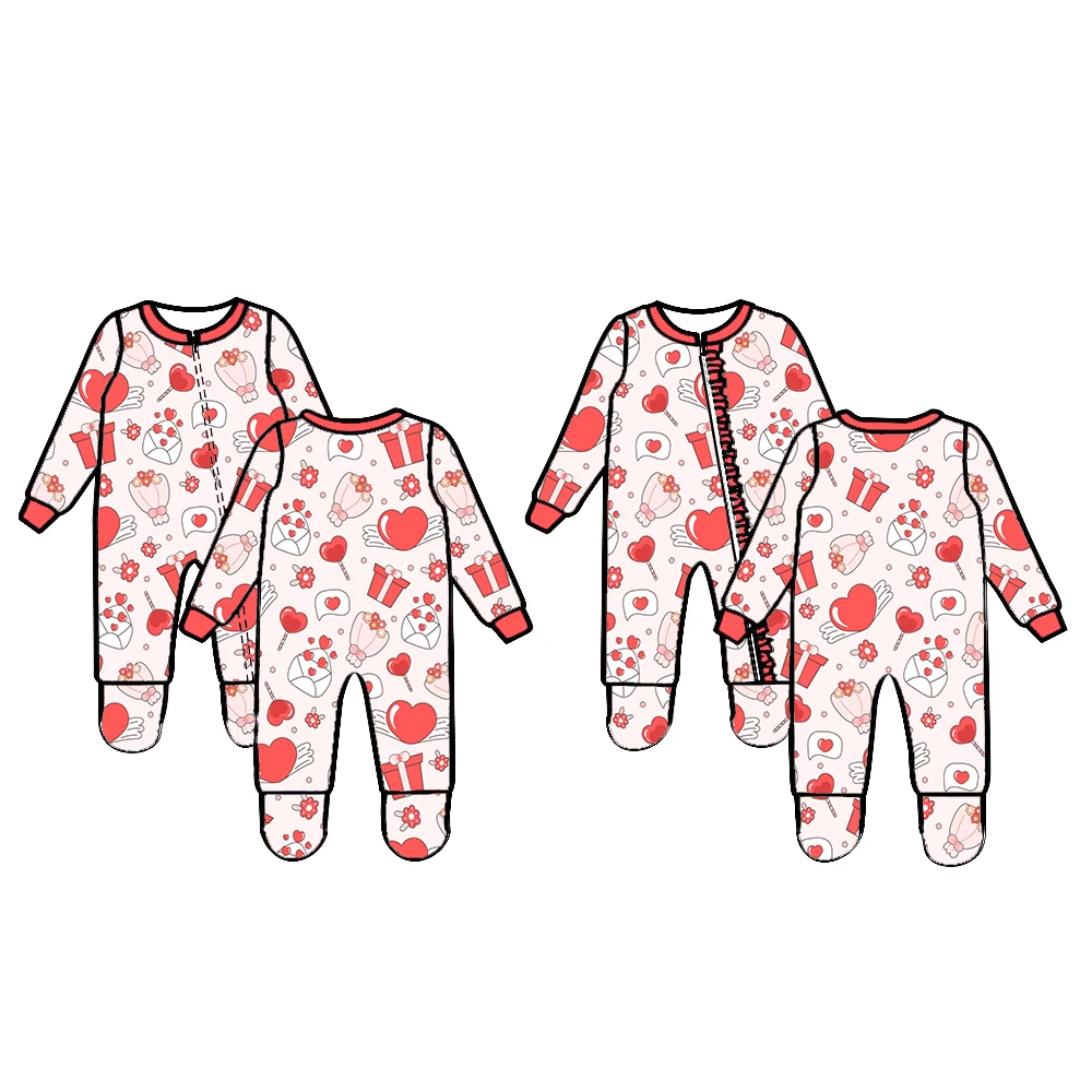 New Hot Selling Baby Clothing Valentine's Day Boutique Children's Set Long Sleeve Zipper Love Print Jumpsuit Girls Boys Clothes