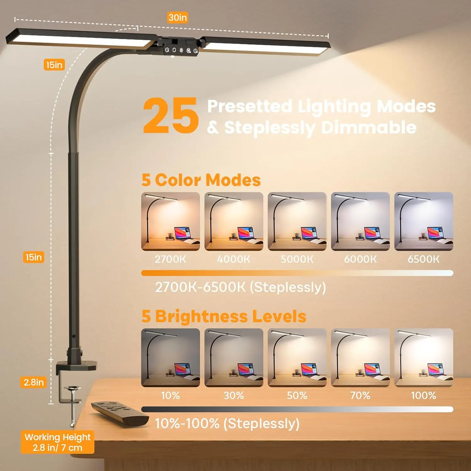 RGB Dual Head Desk Lamp with Remote, Dimmable Eye-Caring Light for Home Office & Gaming, 22W