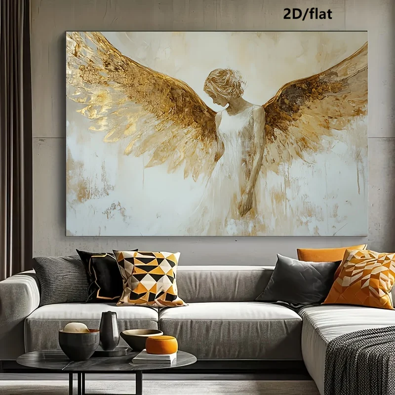 2D Flat Frameless Modern Angel Canvas Print - Halloween Decoration Canvas Wall Art Golden Wings for Living Room, Bedroom Decor