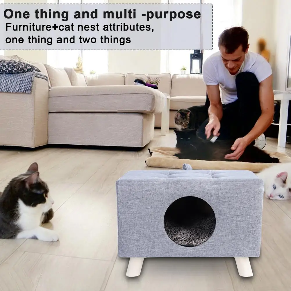 Cat Nest, Pet House Bench, Wood Pet Cat Cave Home with Mat Pet House Foot Rest Stool with Cushion Cube House for Cats Small Dogs