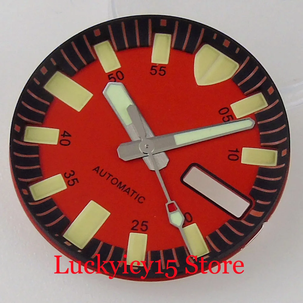 Tandorio 29 mm rotes/blaues/gelbes Zifferblatt mit Kapitelring, Zeigersatz, grün leuchtend, passend für NH35A NH36A NH36 für SKX007 SRP Automatik