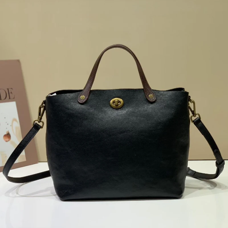 

Vintage Vegetable Tanned Leather shoulder bag for Women, Full-Grain Handmade tote, Large Crossbody with turn-lock for Commute