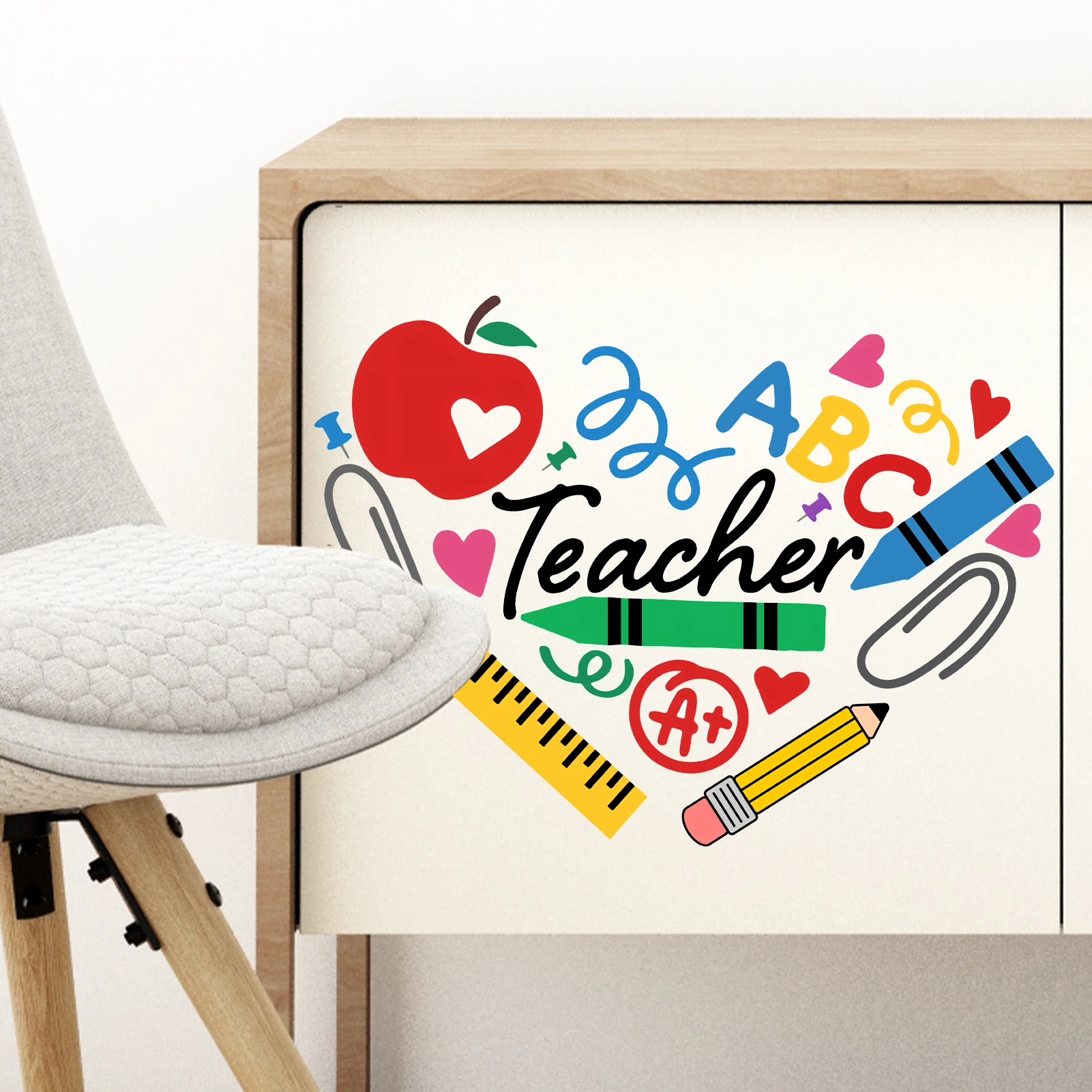2pcs Teacher Wall Sticker, Apple Ruler Crayon ABC A+ School Supply Print Wall Decal, Removable Peel and Stick Home Decor