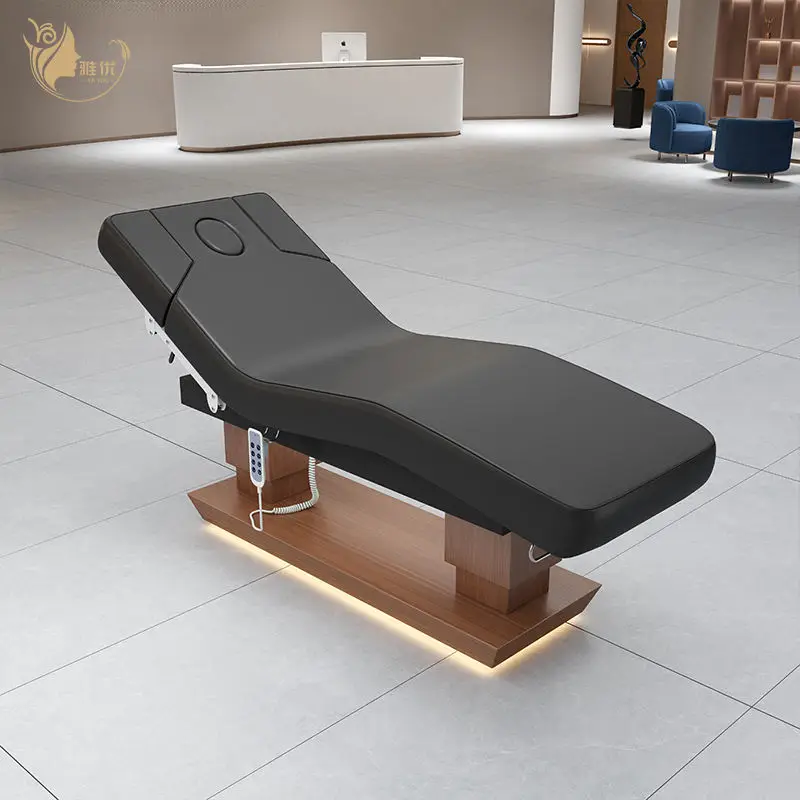 Modern Electric Facial Massage Bed With Stainless Steel Wood Grain Base And Adjustable LED Lighting For Spa And Salon