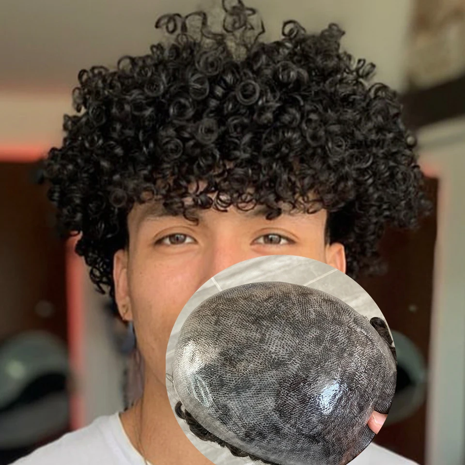 

Durable 12mm Curly Men's Afro Human Hair Capillary Prosthesis Undetectable Natural Hairline Full Injection PU Base Men Toupee