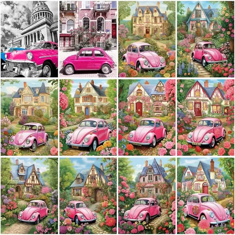 

118663 Pictures By Number House Kits Home Decoration Painting By Numbers Pink Car On Canvas HandPainted Art Gift