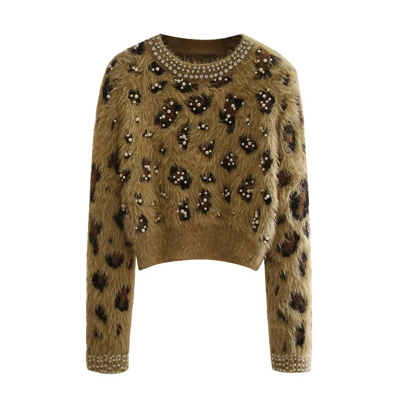 New Autumn and Winter Woolen Sweater, Leopard Print Nail Drill Bead Sweater Women's Knitted Sweater Furry Pullover Top Sweater