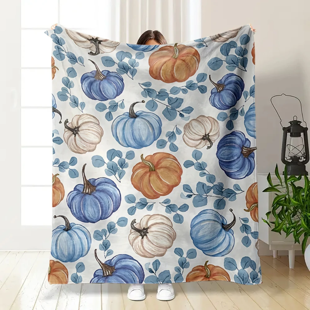 1 Piece of Watercolor Blue and Orange Pumpkin Print Flannel Blanket, Autumn Vintage Ins-Style Sofa Throw Blanket, Nap Blanket, Air Conditioning Blanket