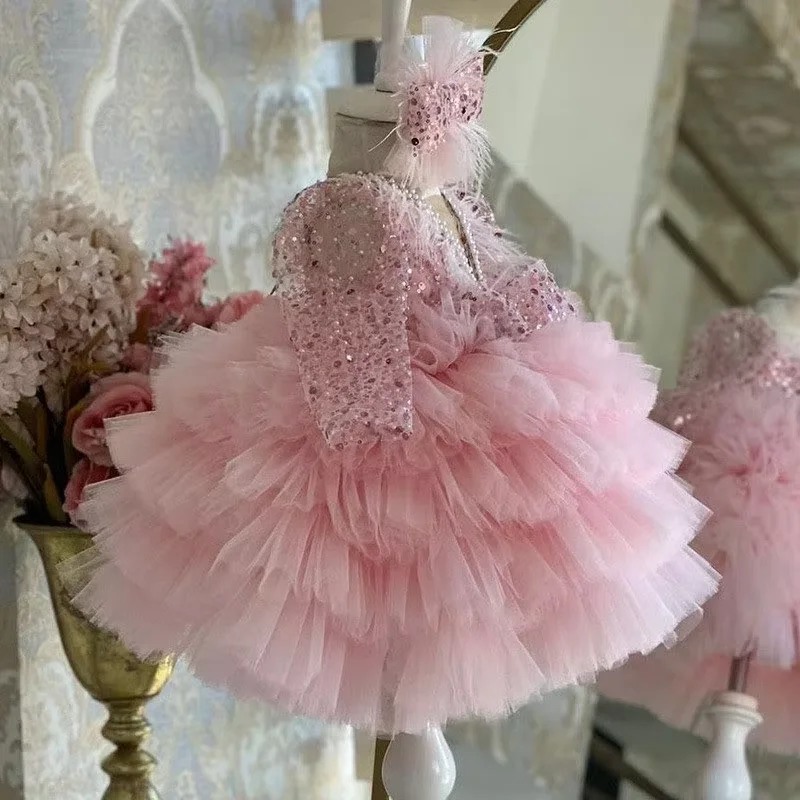 Girls Elegant V-Neck Long Sleeve Princess Dress 2026 New Fashion Kids Wedding Gown Piano Recital Stage Performance Clothing