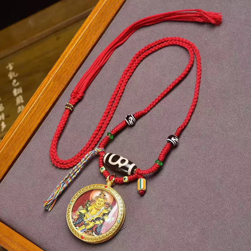

Handmade Woven Rope Necklace With Glass Agate, Dzi Bead, Thangka Yellow Wealth God Pendant, Sweater Chain