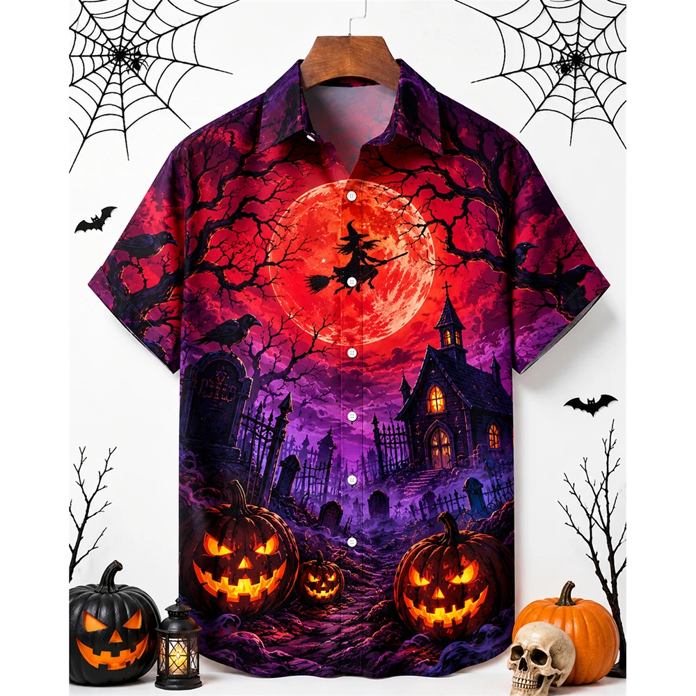 Men's Short Sleeve Shirt Halloween Haunted House Pumpkin Bat Full Moon Graveyard Print Holiday Casual Top Mens Clothing